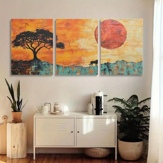3pcs Capybara, Acacia Tree & Sunset Sky Design Metal Print Ready to Hang Art