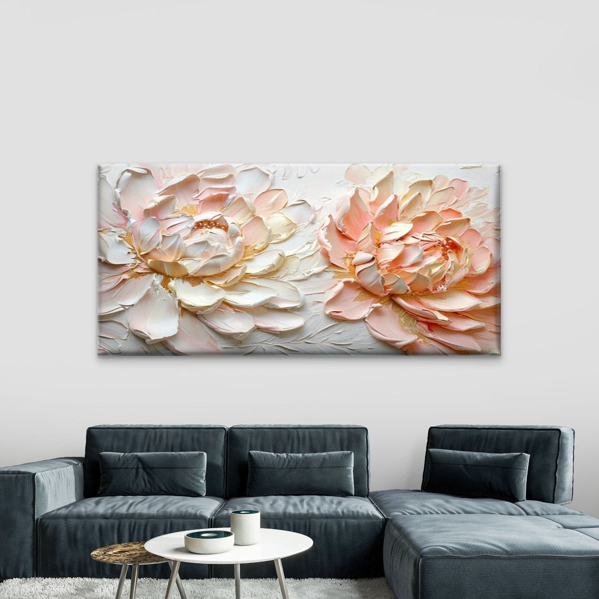 Pastel Peonies in Bloom Floral Wall Art Canvas Office Home Room Framed 80x45cm