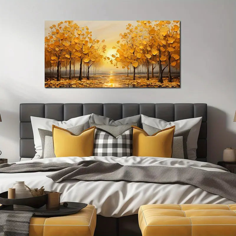 Yellow Leaves Sunset Trees Wall Art canvas office home room framed 120x60cm
