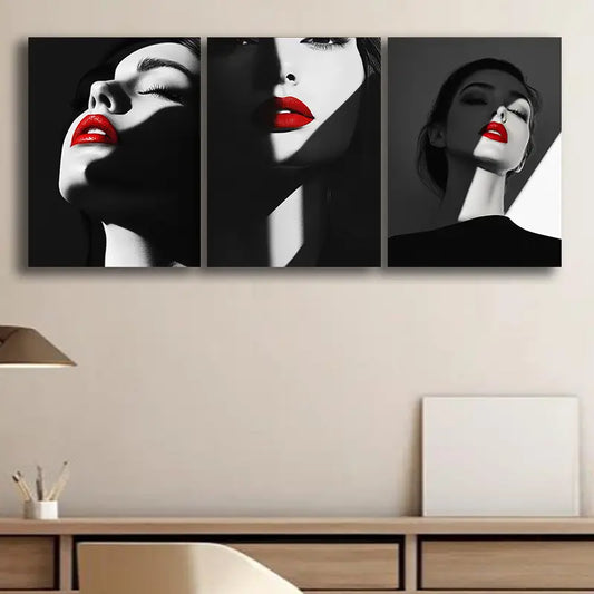 3pcs Elegant Woman in Red Lipstick Metal Print Ready to Hang Art