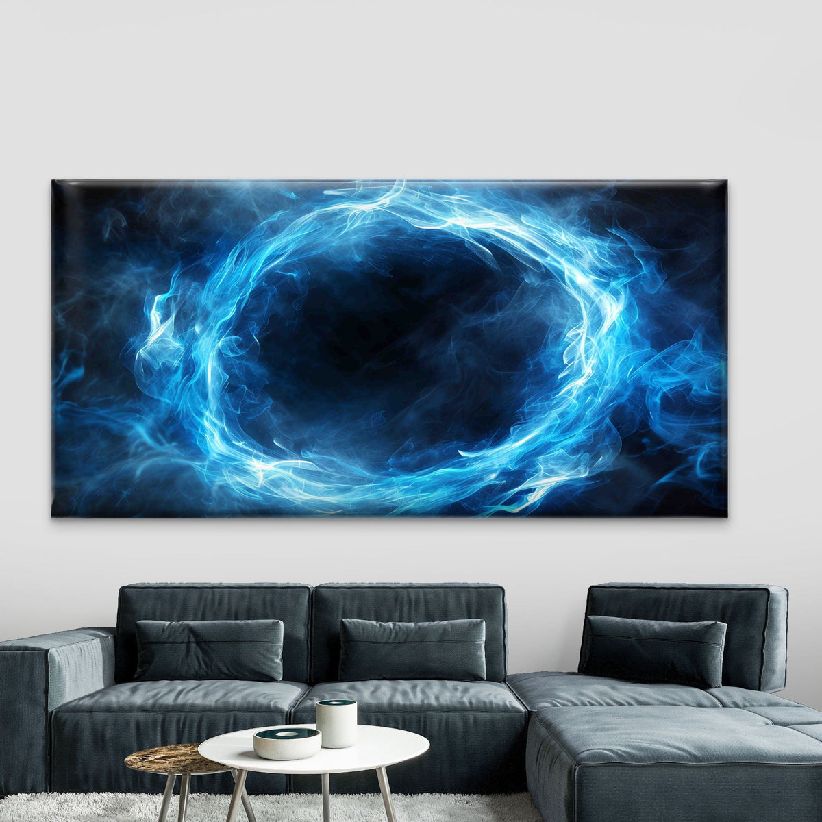 Abstract Blue Smoke Ring Wall Art Canvas Office Home Room Framed 80x45cm