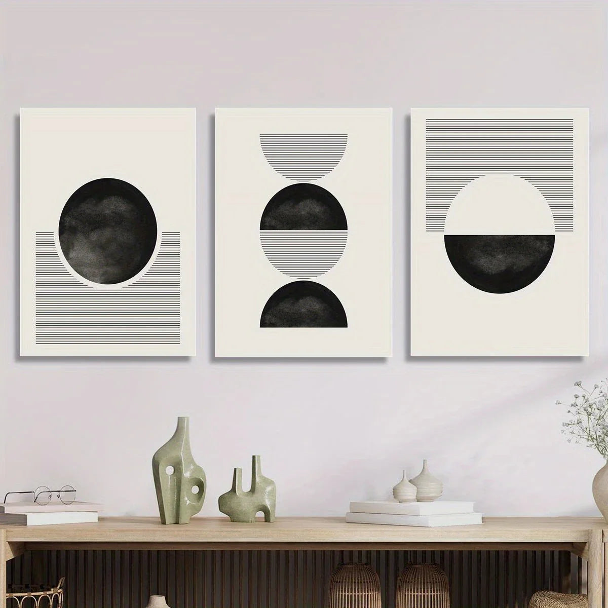 3pcs Black and White Geometric Circle & Line Metal Print Ready to Hang Art