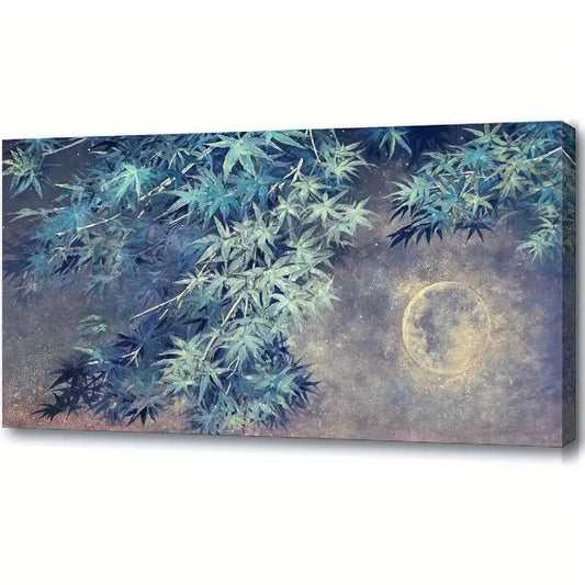 Night Sky Blue Trees & Moon Wall Art canvas office home room framed 120x60cm