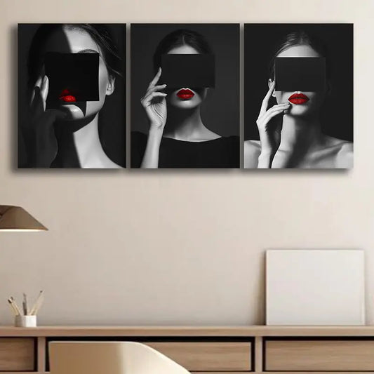 3pcs Modern Black and White Woman with Red Lipstick Design Metal Print Ready to Hang Art