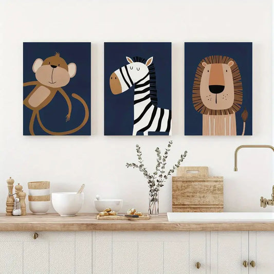 3pcs Navy Blue Safari Animal Minimalist Painting Metal Print Ready to Hang Art