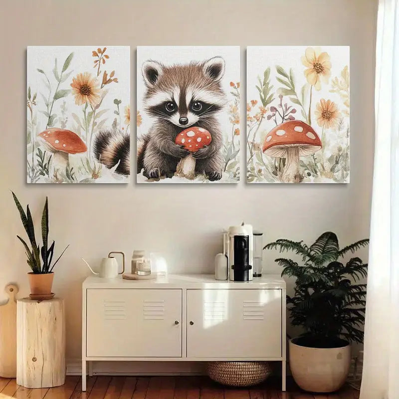 3pcs Watercolor Adorable Raccoon Artworks Metal Print Ready to Hang Art