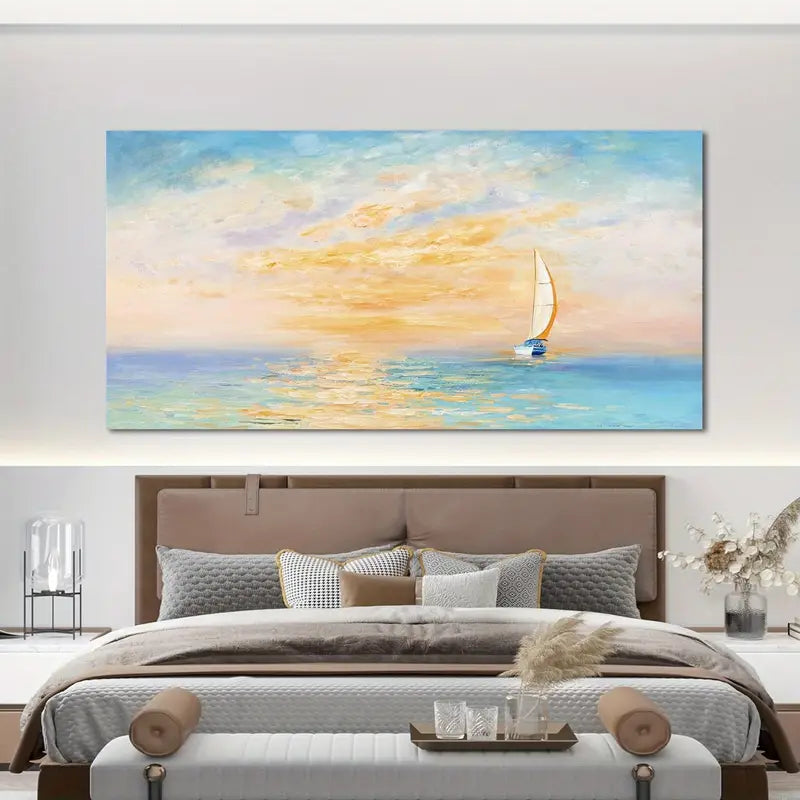 Coastal Beach Blue Sky Sunset Wall Art canvas office home room framed 120x60cm