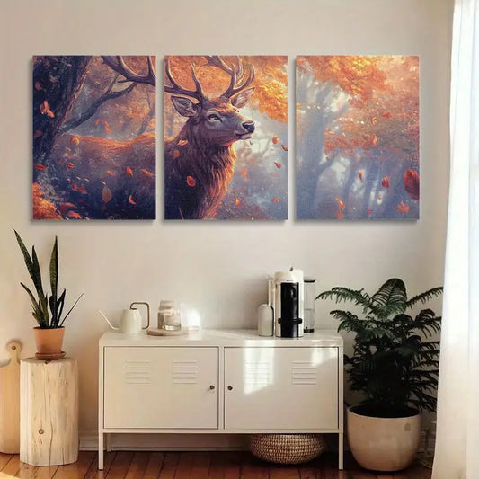 3pcs Vibrant Autumn Forest Scene with Deer Metal Print Ready to Hang Art