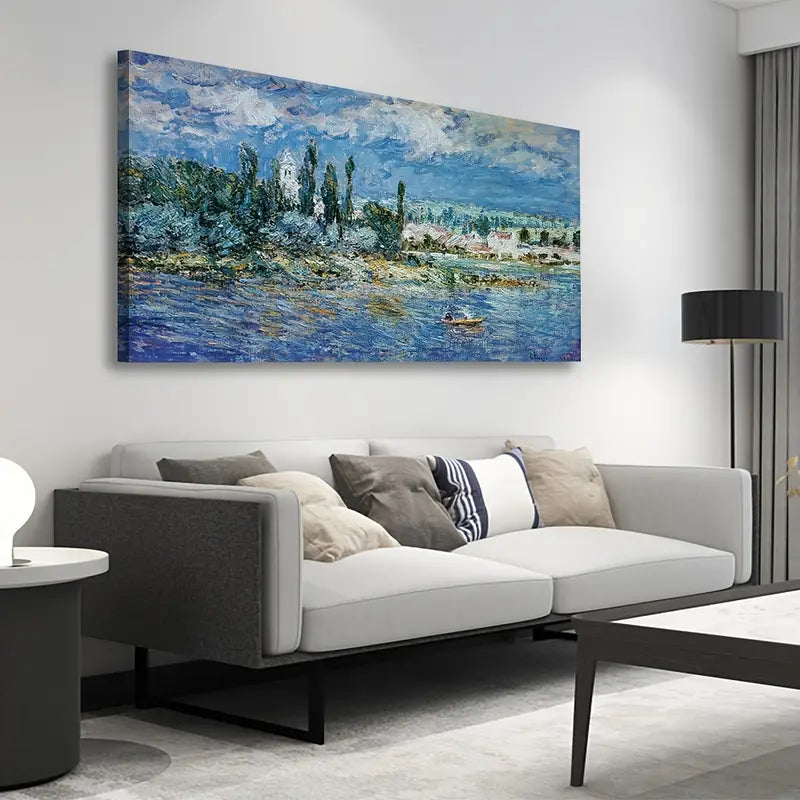 Serene River & Cityscape Scene Wall Art canvas office home room framed 120x60cm