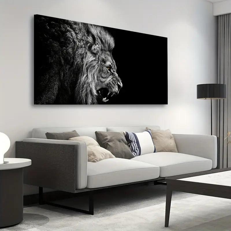 Modern Black White Lion Wall Art canvas office home room framed 120x60cm