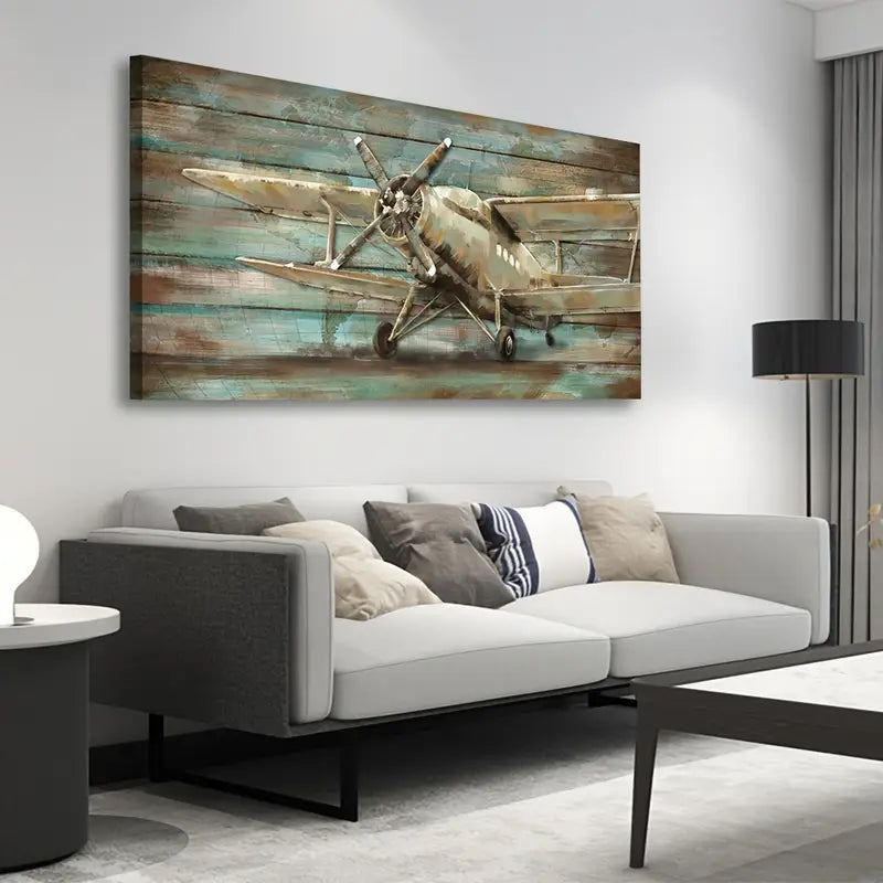 Vintage Airplane Retro Propeller Aircraft Wall Art canvas office home room framed 120x60cm