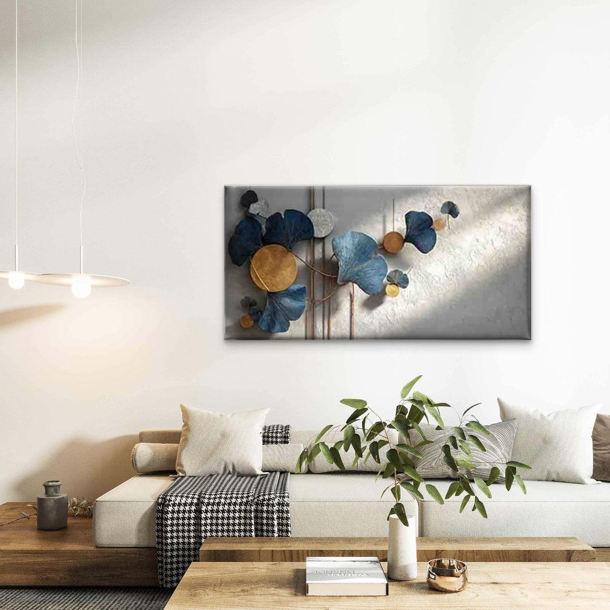 Blue Ginkgo with Golden Circles Wall Art Canvas Office Home Room Framed 120x60cm