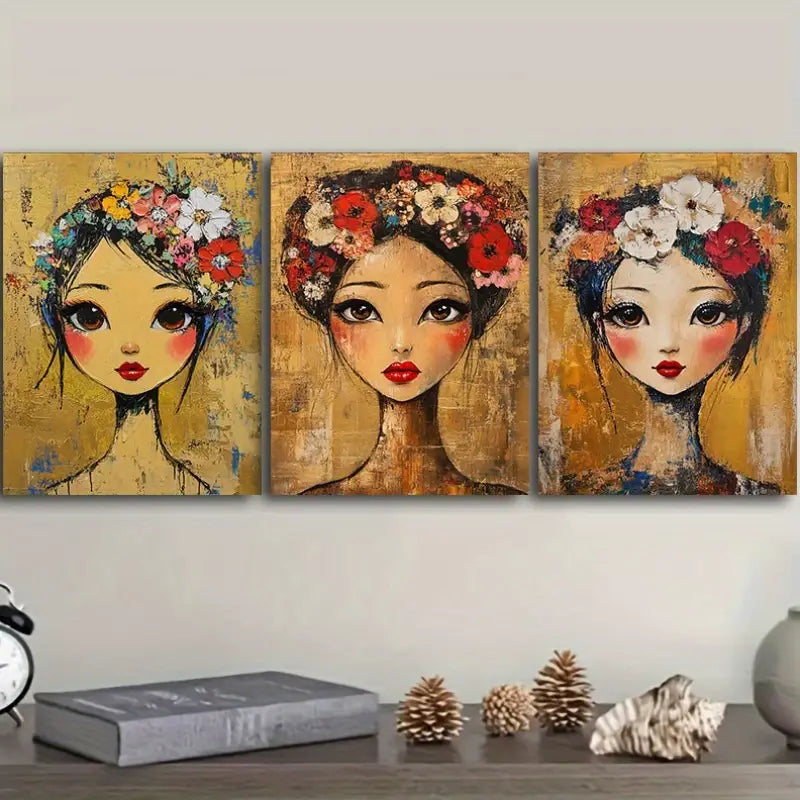 3pcs Featuring a Lovely Girl Adorned with Flowers in Her Hair Metal Print Ready to Hang Art