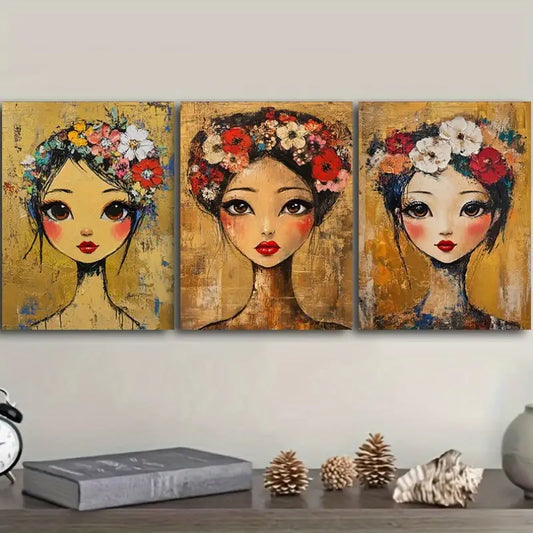3pcs Featuring a Lovely Girl Adorned with Flowers in Her Hair Metal Print Ready to Hang Art