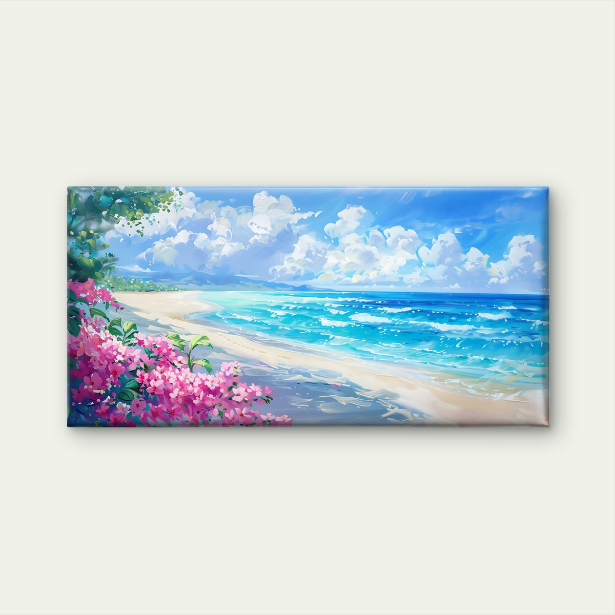 Tropical Beach Pink Flowers Wall Art Canvas Office Home Room Framed 80x45cm