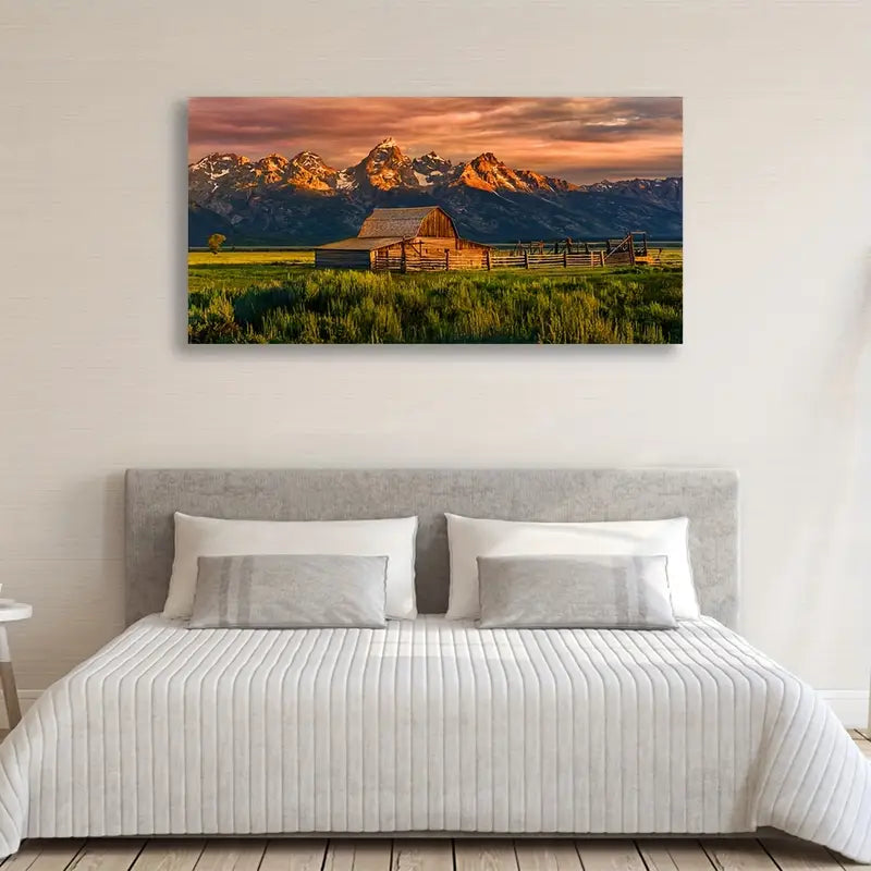 Grand Teton National Park Snow Capped Mountains Warm Sunset Hues Wall Art canvas office home room framed 120x60cm