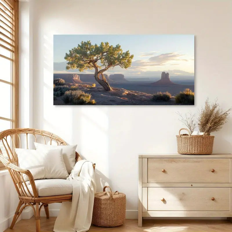 Dawn Desert Tree & Distant Rock Formations Wall Art canvas office home room framed 120x60cm