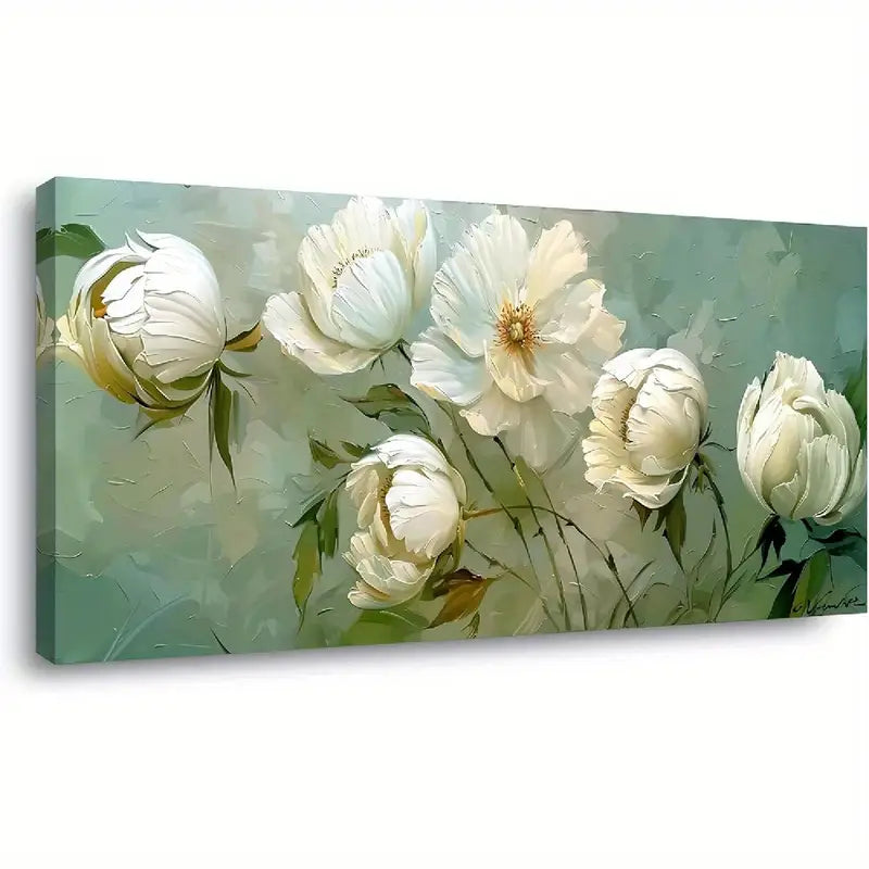Blooming White Flowers Serene Botanical Wall Art canvas office home room framed 120x60cm