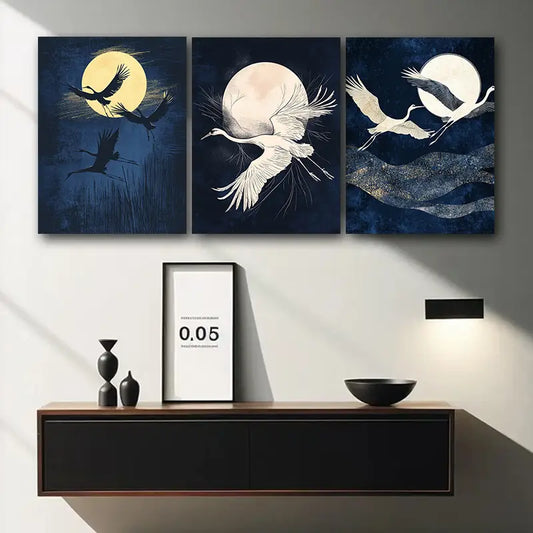 3pcs Cranes Fly Under the Moon Metal Print Ready to Hang Art