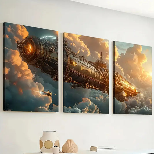 3pcs Steam Mechanical Flying Machine Abstract Art Flying Ship Wall Art Set Canvas Framed 40x60cm - High Quality Print 100% Australian Made Wall Canvas Ready to Hang