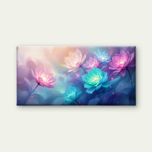 Glowing Lotus Flowers Abstract Wall Art Canvas Office Home Room Framed 80x45cm