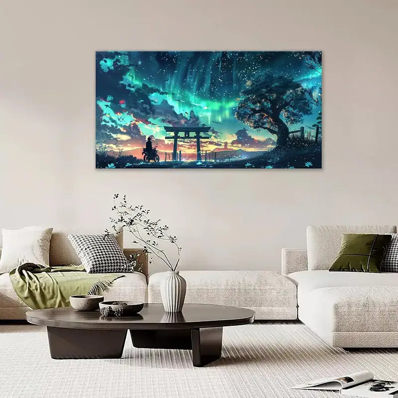 Abstract Teal Trees & Red Torii Gates Wall Art canvas office home room framed 120x60cm