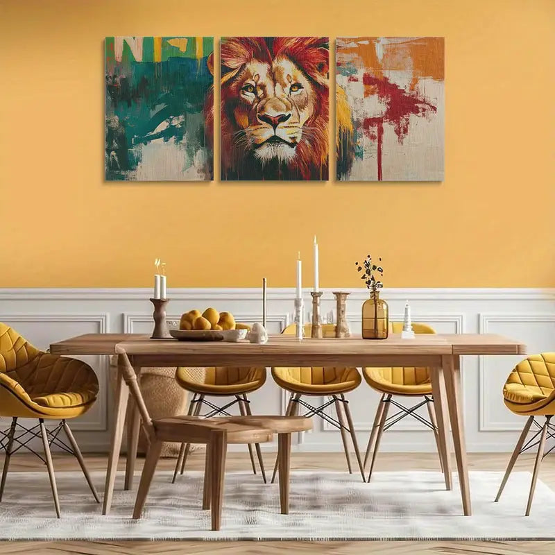 3pcs Vibrant African Lion Colorful Abstract Metal Print Ready to Hang Art