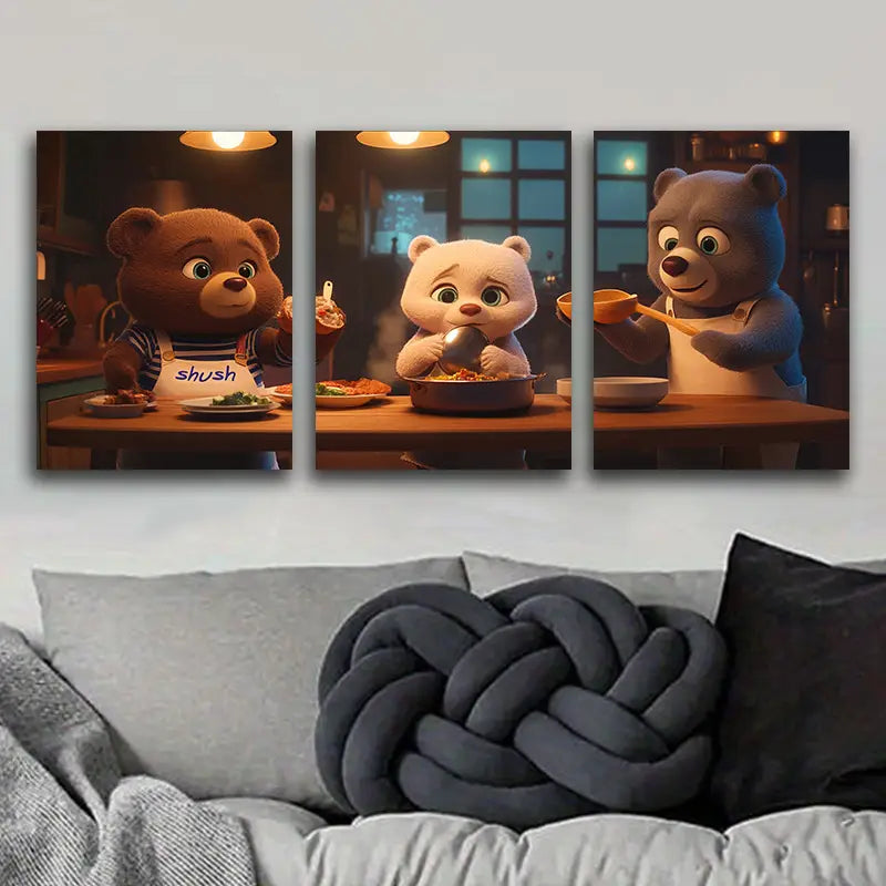 3pcs Bear Kitchen Scene Metal Print Ready to Hang Art