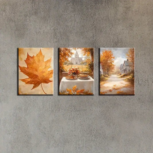3pcs Autumn Town Maple Leaves Classic Design Metal Print Ready to Hang Art