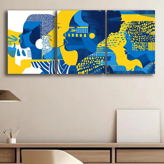 3pcs Simple Drawing of People in Blue Metal Print Ready to Hang Art