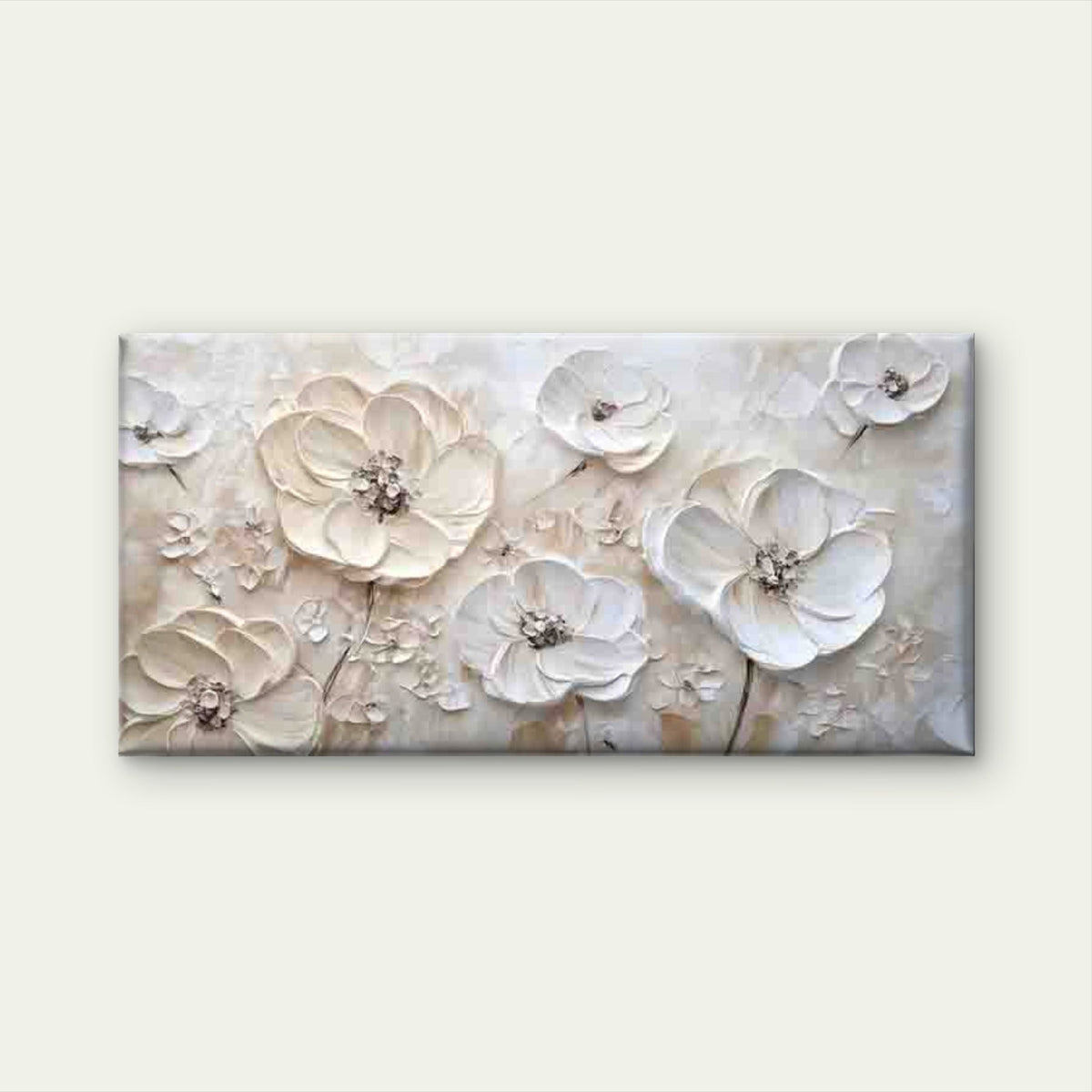 Beige White Floral Wall Art Canvas Office Home Room Framed 120x60cm