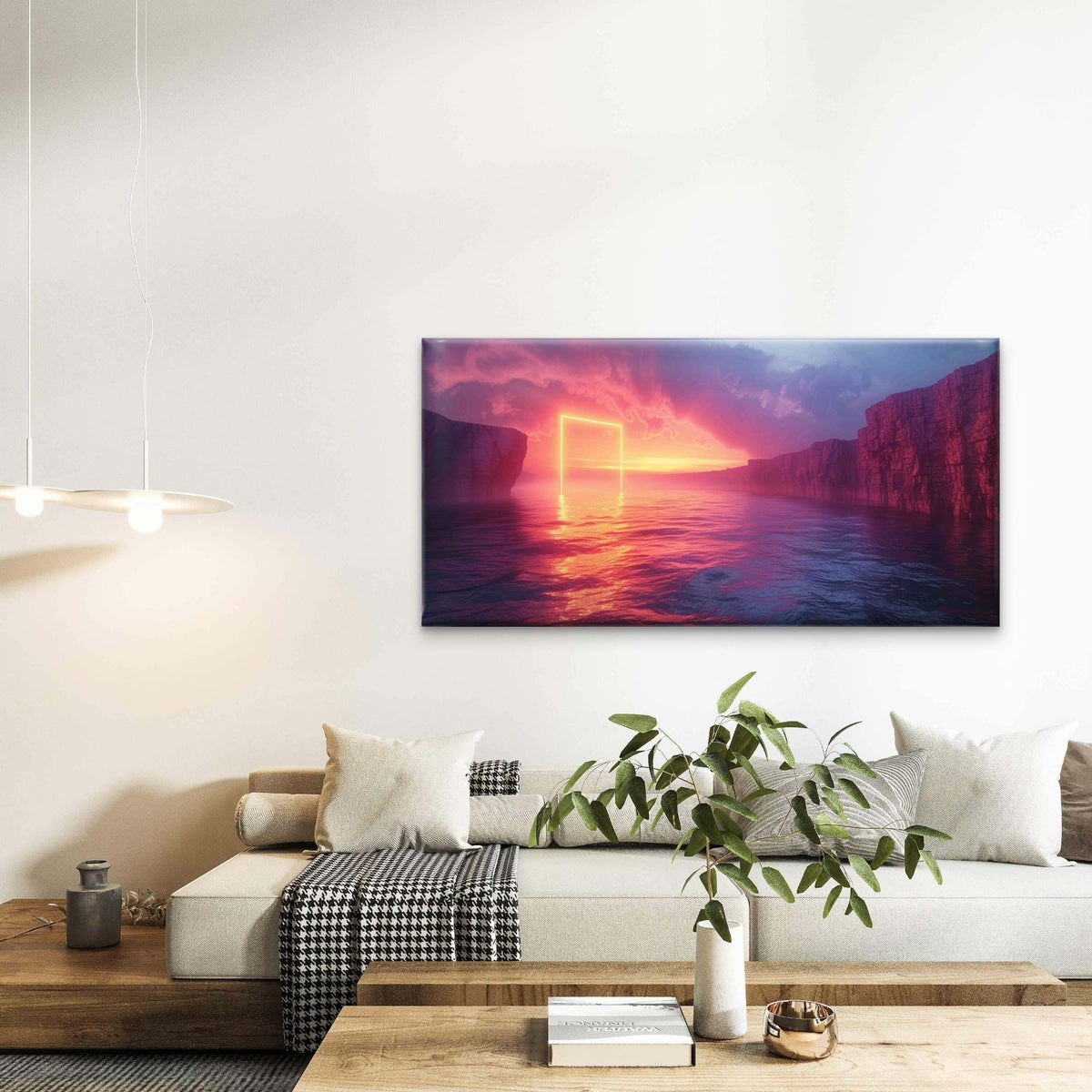 Neon Gate Surreal Seascape Wall Art Canvas Office Home Room Framed 120x60cm