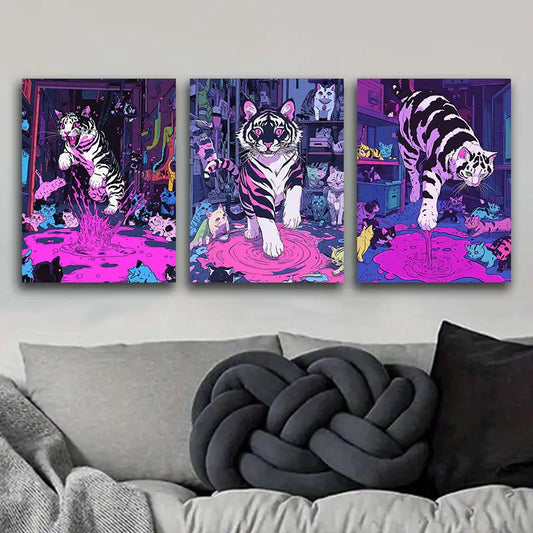 3pcs Featuring a Black And White Tiger Adorned with Pink Spots Metal Print Ready to Hang Art
