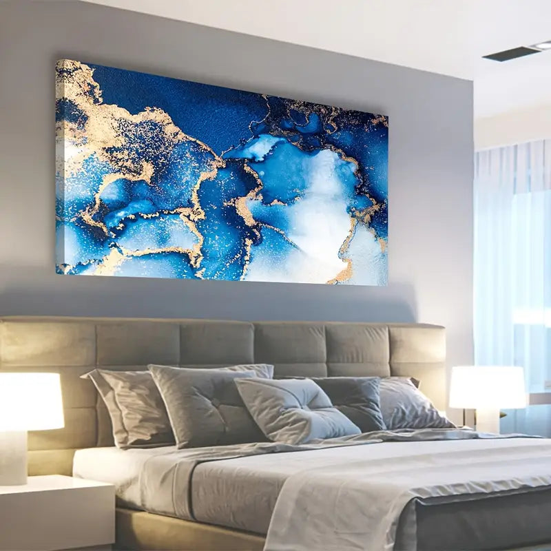 Modern Abstract Blue White Golden Ocean Wall Art canvas office home room framed 120x60cm