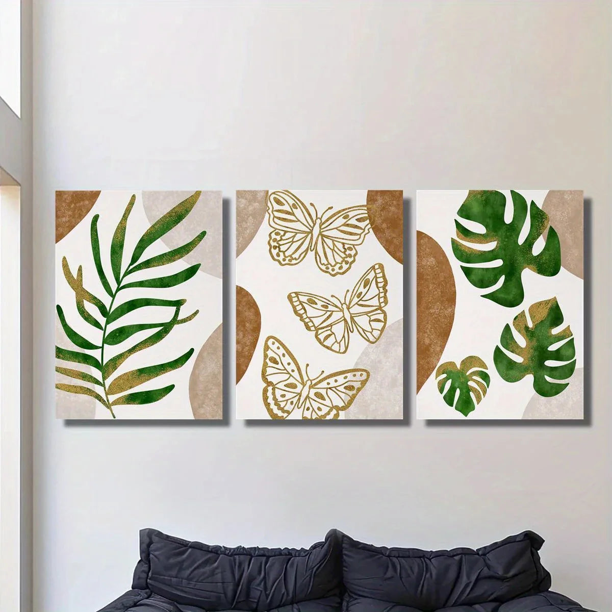 3pcs Palm Leaf, Butterfly Design in Beige, White, and Green Metal Print Ready to Hang Art