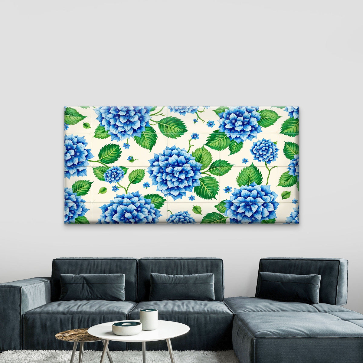 Blue Hydrangea Tile Pattern Wall Art Canvas Office Home Room Framed 80x45cm