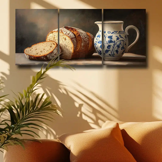 3pcs Elegant Bread & Floral Jug Classic Design Metal Print Ready to Hang Art