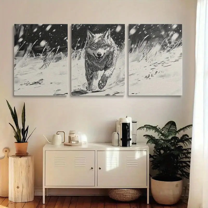 3pcs Running Wolf in Snow Black & White Metal Print Ready to Hang Art