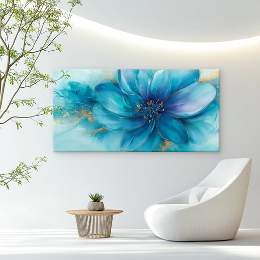 Blue Floral Abstract Golden Wall Art Canvas Office Home Room Framed 80x45cm
