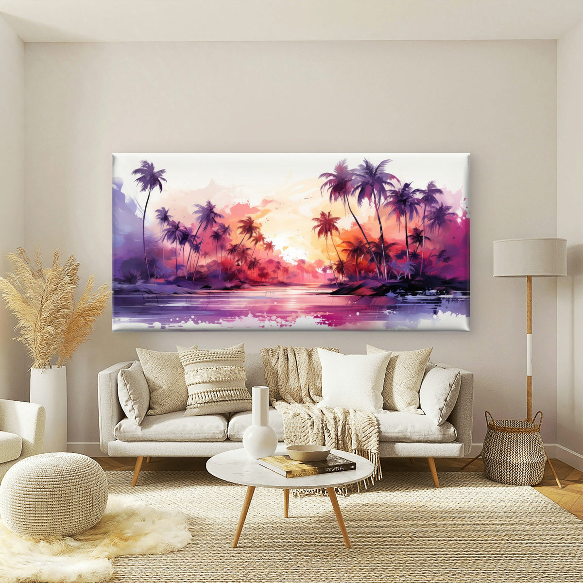 Purple Pink Sunset Beach Palms Wall Art Canvas Office Home Room Framed 120x60cm