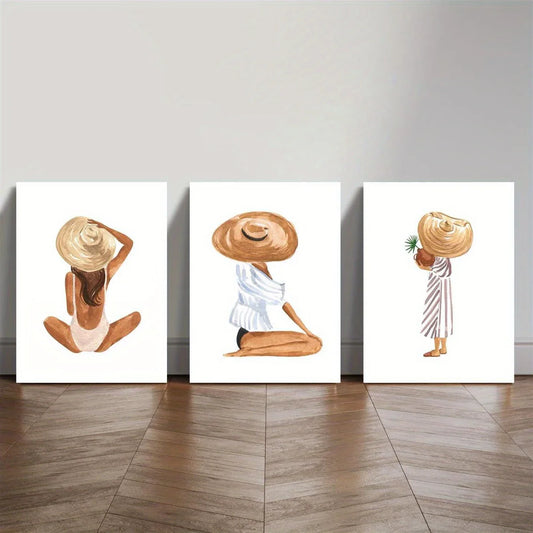 3pcs Boho beach girl sunbathing on the beach Metal Print Ready to Hang Art