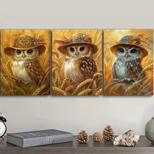 3pcs Featuring a yellow owl Metal Print Ready to Hang Art