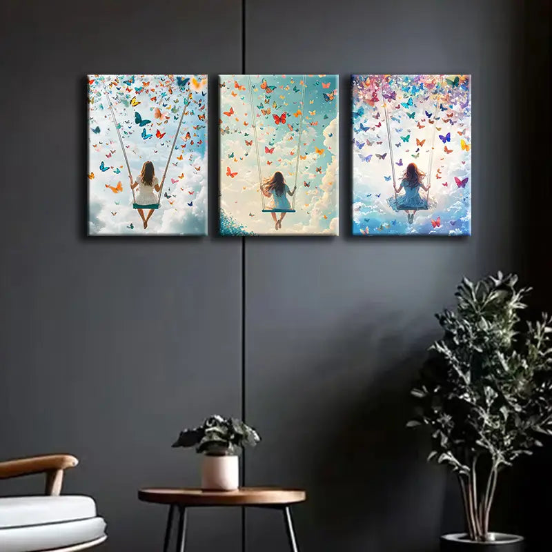 3pcs A Girl on a Swing Metal Print Ready to Hang Art