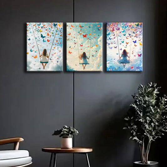 3pcs A Girl on a Swing Metal Print Ready to Hang Art