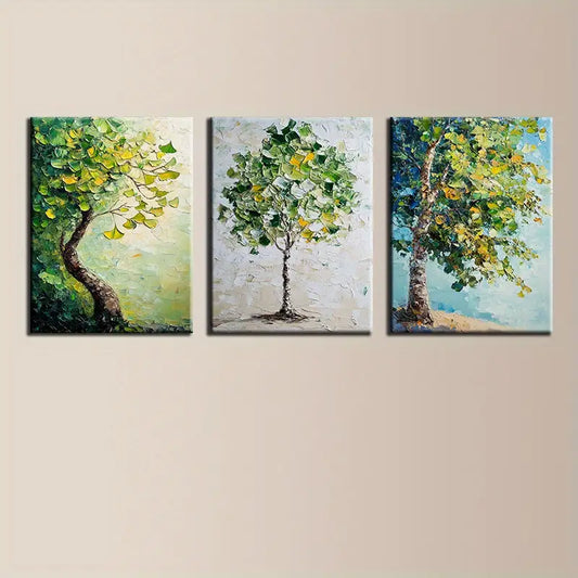 3pcs Vibrant Emerald Green & Golden Leaves Metal Print Ready to Hang Art