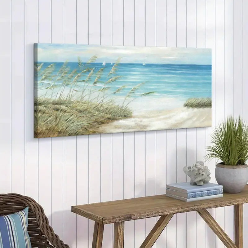 Beach Serene Coastal Sandy Shore & Ocean Waves Wall Art canvas office home room framed 120x60cm