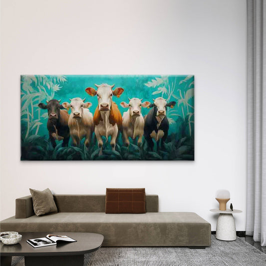 Featuring Cows in a Jungle Wall Art Canvas Office Home Room Framed 80x45cm