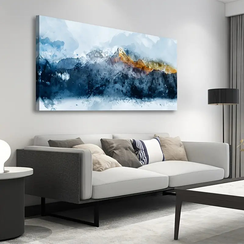 Indigo Abstract Mountain Modern Blue & Orange Wall Art canvas office home room framed 120x60cm