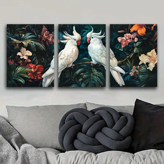 3pcs White Cockatoos & Tropical Flowers Metal Print Ready to Hang Art