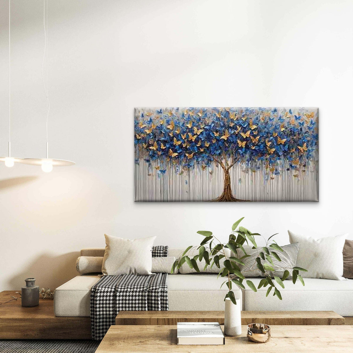 Blue and Golden Butterfly Tree Wall Art Canvas Office Home Room Framed 120x60cm